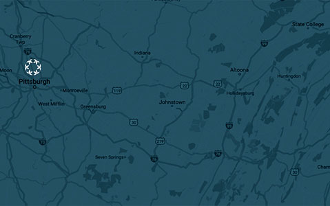 Map of Pennsylvania highlighting Charter locations in Pittsburgh and Central PA